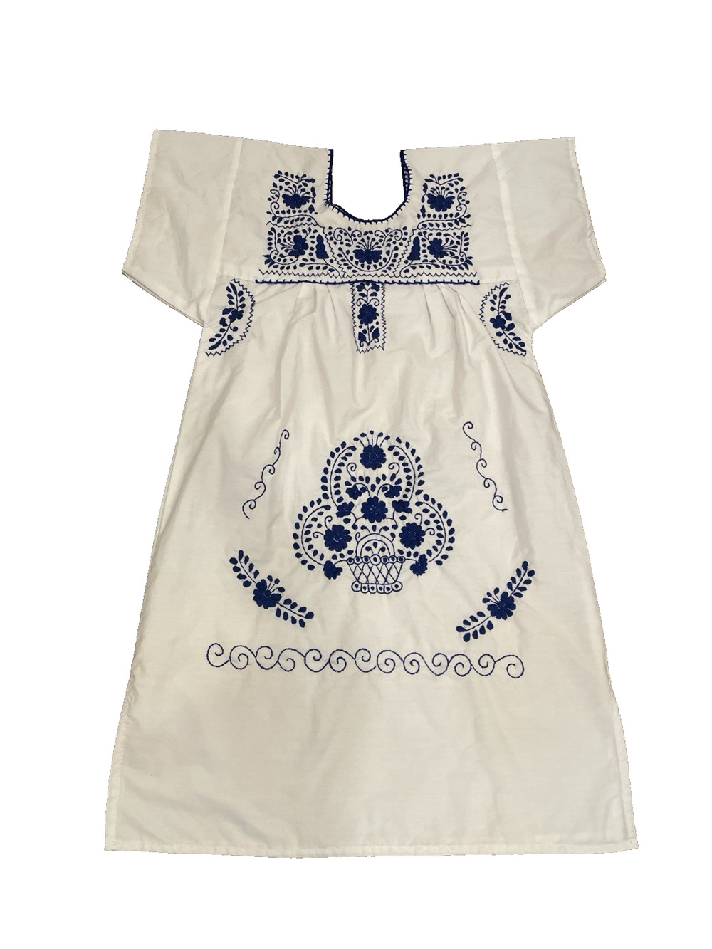 Beautiful Mexican Oaxacan White and Blue Embroidered Vintage Dress Size Small